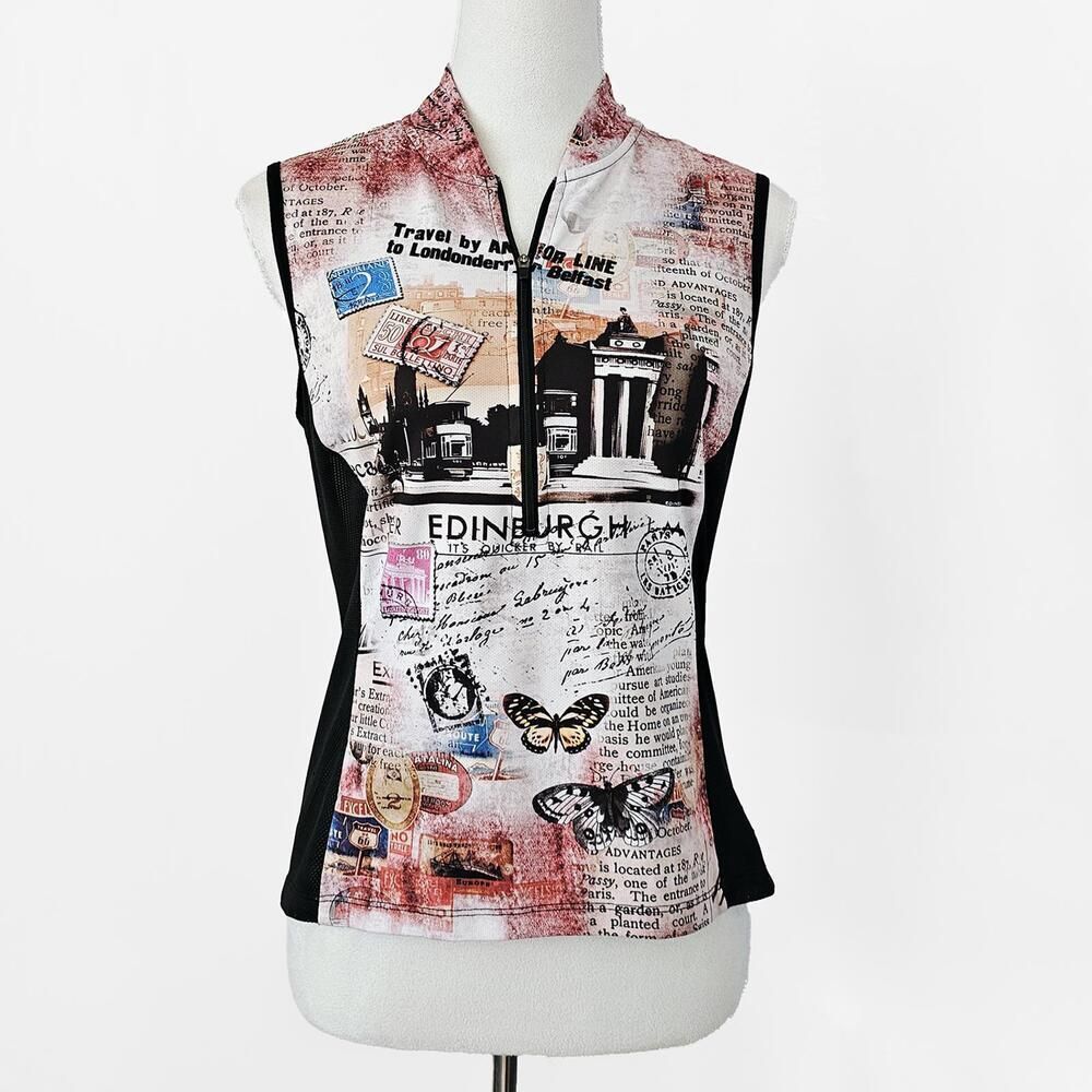 Terry Small Sleeveless Mesh Travel Theme Cycling Top Edinburgh Stamps Postcards